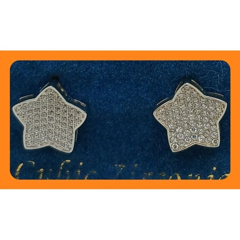 Vintage 1990s Silver Tone Cubic Zirconia Star Stud Micro Pave Earrings Deadstock